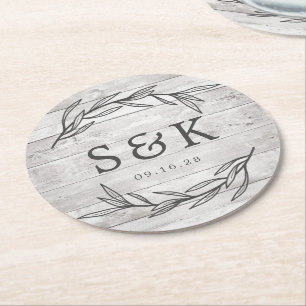 Dessous-de-verre Rond En Papier Mariage Monogramme Feuille de Laurier Rustique