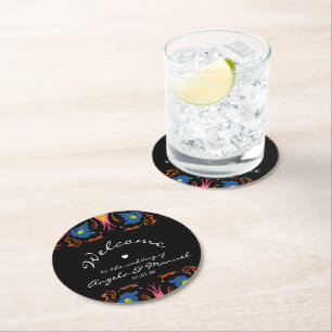 Dessous-de-verre Rond En Papier Mariage noir floral indien éléphant