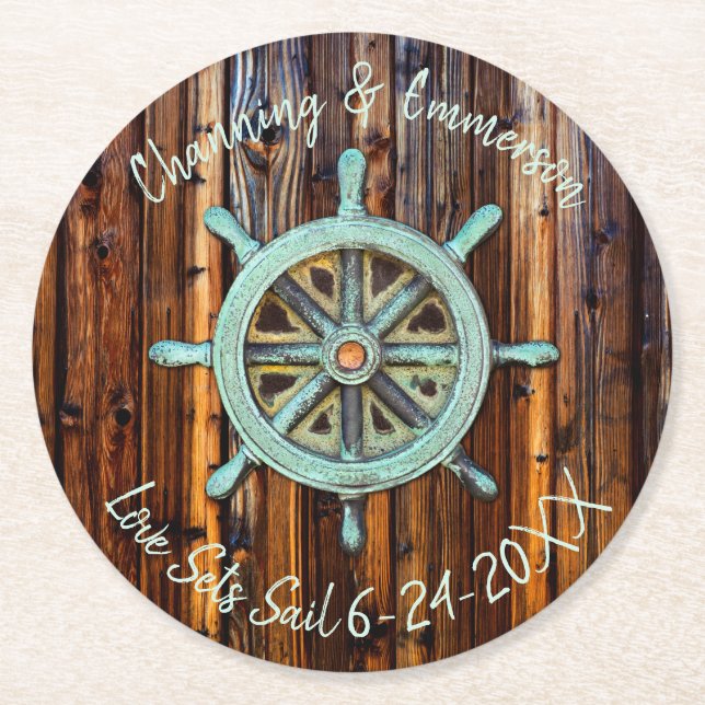 Dessous-de-verre Rond En Papier Mariage ou Fiançailles nautique rustique (Devant)