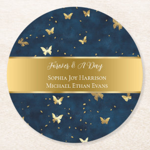 Dessous-de-verre Rond En Papier Mariage Papillons Bleu Or