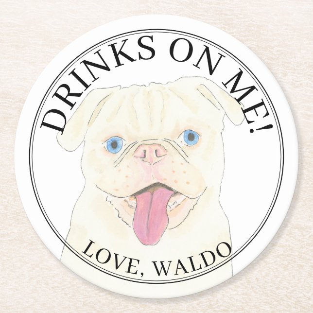 Dessous-de-verre Rond En Papier Mariage Personnalisé de Chien Carlin Blanc (Devant)