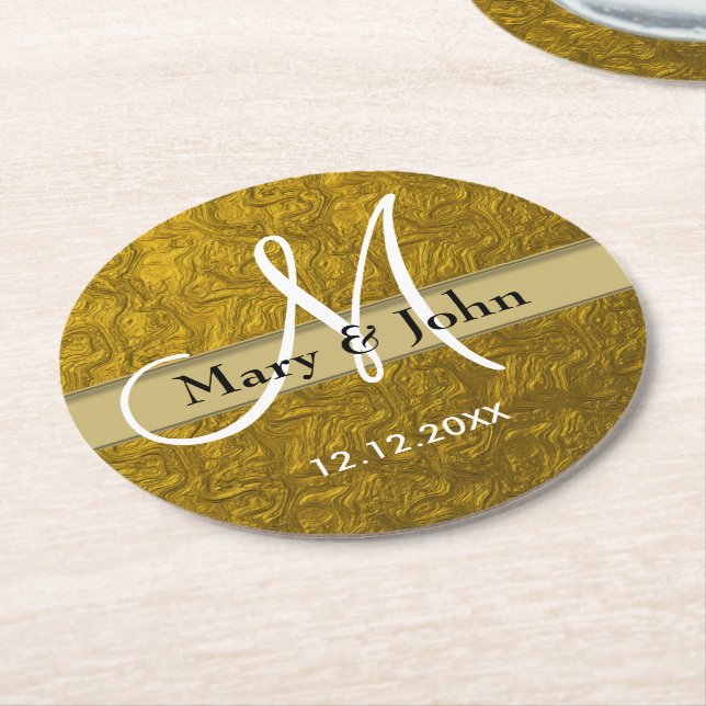 Dessous-de-verre Rond En Papier Mariage personnalisé Monogram Gold Motif (Incliné)