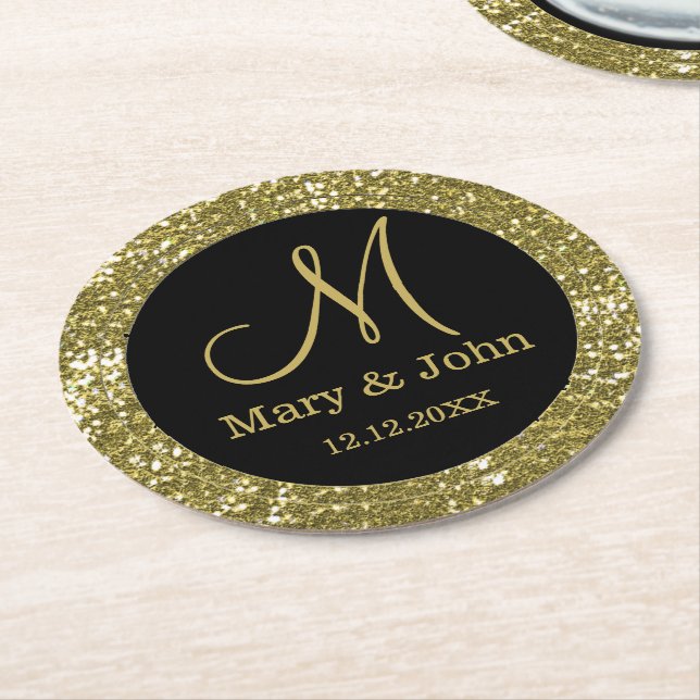 Dessous-de-verre Rond En Papier Mariage personnalisé Monogram Parties scintillant  (Incliné)