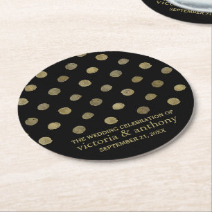 Dessous-de-verre Rond En Papier Mariage Pois moderne Black & Gold