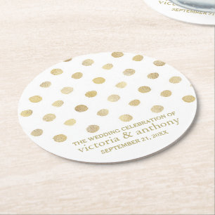 Dessous-de-verre Rond En Papier Mariage Pois moderne blanc et or
