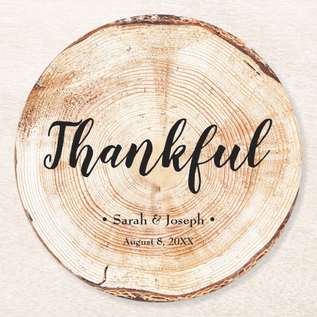 Dessous-de-verre Rond En Papier Mariage rustique Grain de bois Thankful Favoriser  (Devant)