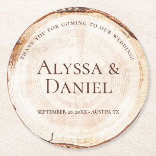 Dessous-de-verre Rond En Papier Mariage Rustique Merci de bois Favoriser sur mesur