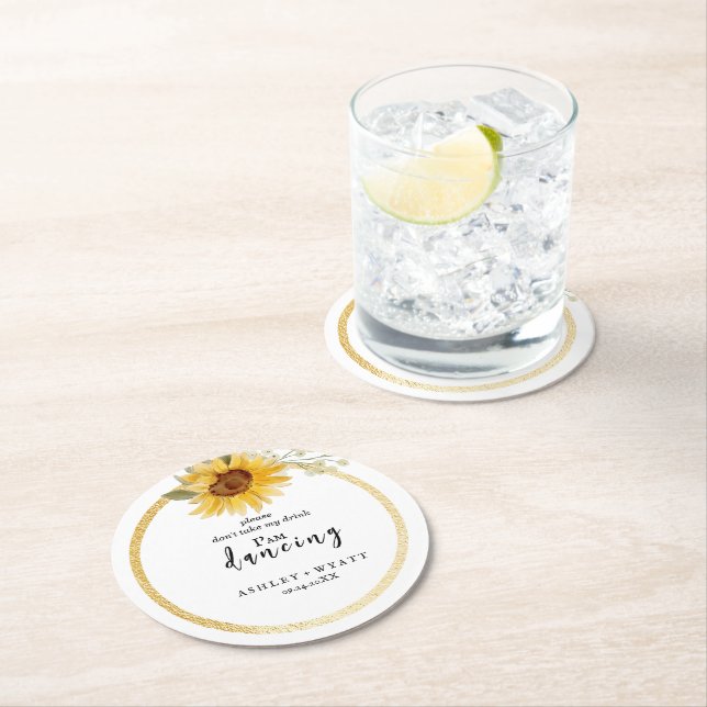 Dessous-de-verre Rond En Papier Mariage Tournesol Jaune Moderne (En situation)
