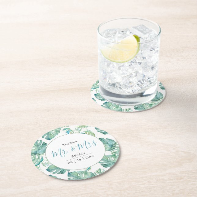 Dessous-de-verre Rond En Papier Mariage tropical Monstera Palm Leaf (En situation)