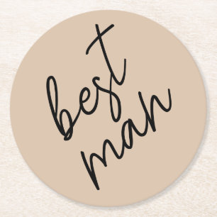 Dessous-de-verre Rond En Papier Mariée Moderne   Écriture beige et noir