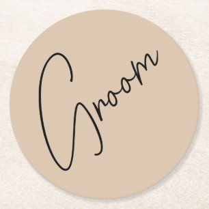 Dessous-de-verre Rond En Papier Mariée Moderne   Écriture beige et noir