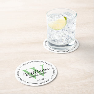 Dessous-de-verre Rond En Papier Mariés personnalisés Monogramme Vert