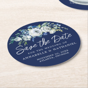 Dessous-de-verre Rond En Papier Marine Bleu Blanc Floral hiver Enregistrer la date