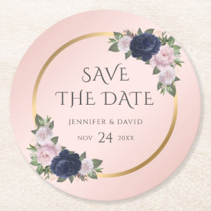 Dessous-de-verre Rond En Papier Marine Blue Gold Blush Wedding Enregistrer La Date