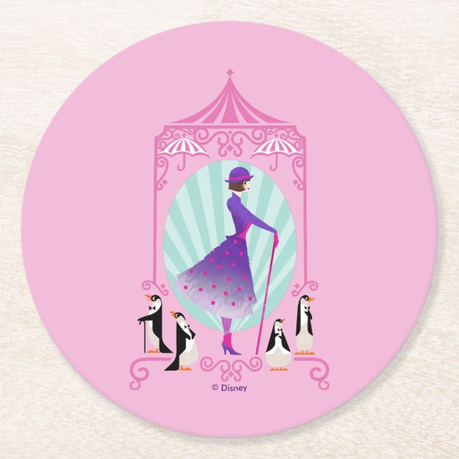 Dessous-de-verre Rond En Papier Mary Poppins et Pingouins (Devant)