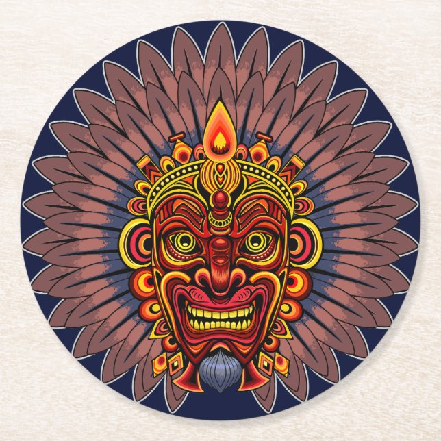 Dessous-de-verre Rond En Papier Masque rituel du roi guerrier tribal (Devant)