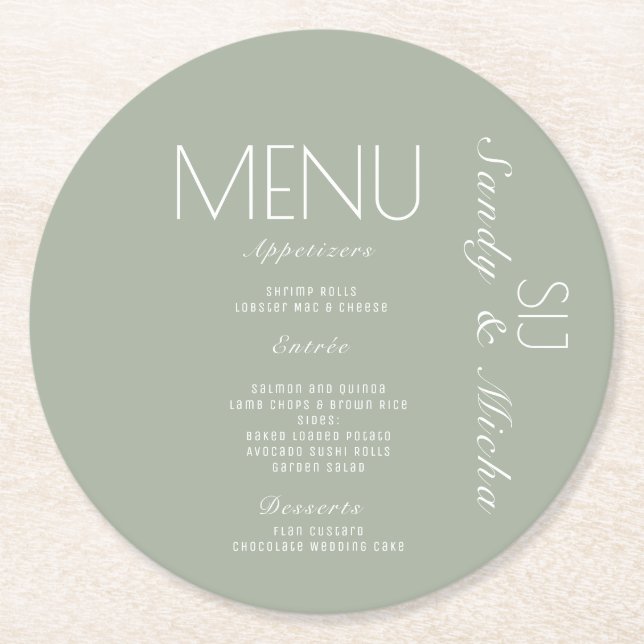 Dessous-de-verre Rond En Papier Menu Dîner Mariage Simple Script Sage (Devant)