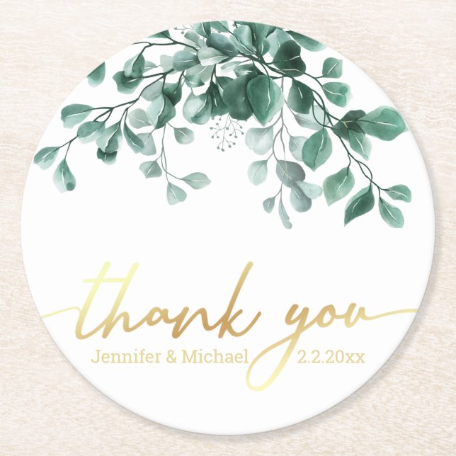 Dessous-de-verre Rond En Papier merci Aquarelle Eucalyptus Vert or (Devant)
