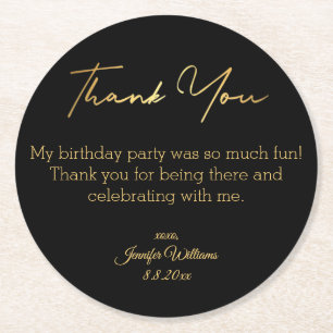 Dessous-de-verre Rond En Papier merci heureux anniversaire noir or minimal chic