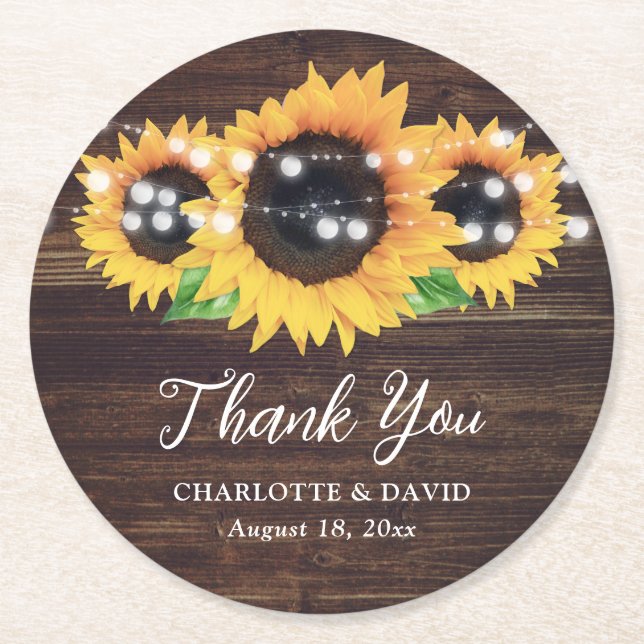 Dessous-de-verre Rond En Papier Merci Mariage de tournesol rustique (Devant)