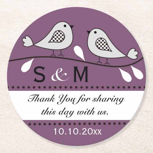 Dessous-de-verre Rond En Papier Merci Mariage Monogramme Inséparables violets (Devant)