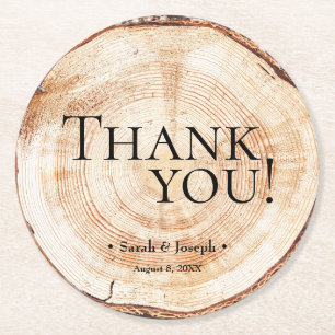 Dessous-de-verre Rond En Papier Merci rustique de grain de bois Mariage