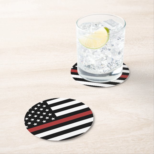 Dessous-de-verre Rond En Papier Mince Red Line USA Drapeau Pompier Service d'incen (En situation)