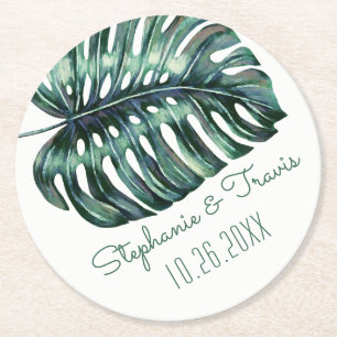 Dessous-de-verre Rond En Papier Mod Tropical Palm Leaf Monstera Vert