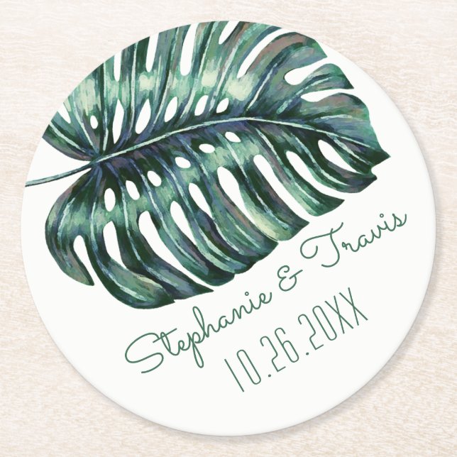 Dessous-de-verre Rond En Papier Mod Tropical Palm Leaf Monstera Vert (Devant)