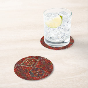 Dessous-de-verre Rond En Papier Modèle de tapis oriental en rouge foncé  