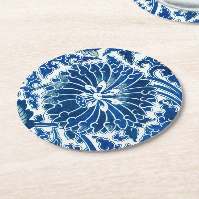 Dessous-de-verre Rond En Papier Modèle floral chinois bleu (Incliné)