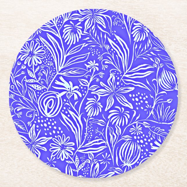Dessous-de-verre Rond En Papier Modèle Floral Préféré, Bleu Périvent, (Devant)
