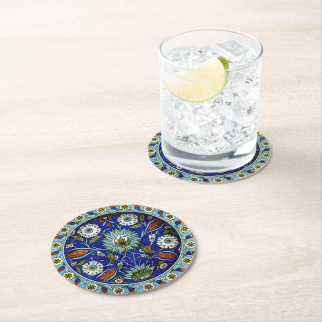 Dessous-de-verre Rond En Papier Modèle floral turc Iznik (En situation)