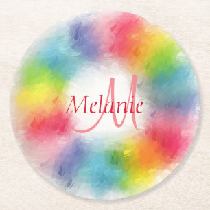 Dessous-de-verre Rond En Papier Modèle Monogramme Abstrait Rainbow personnalisé