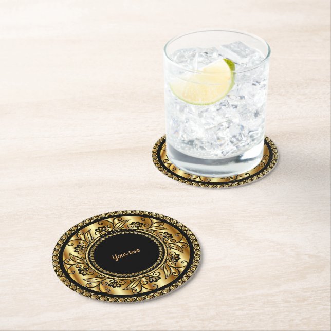 Dessous-de-verre Rond En Papier Modèle noir et or élégant, (En situation)