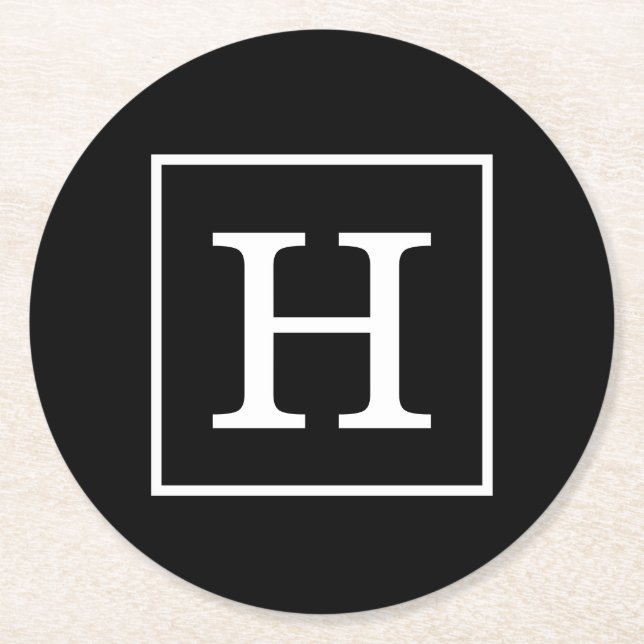 Dessous-de-verre Rond En Papier Monograme de Black White Framed Initial (Devant)