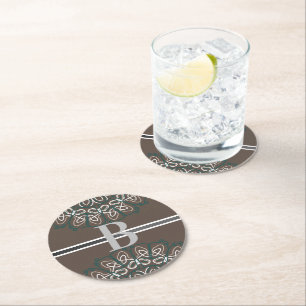 Dessous-de-verre Rond En Papier Monogramme à demi-tonalité tendance Taupe Laced