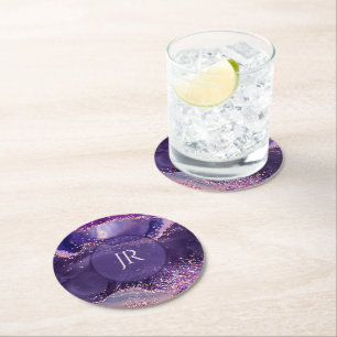 Dessous-de-verre Rond En Papier Monogramme à texture d'agate scintillante violette