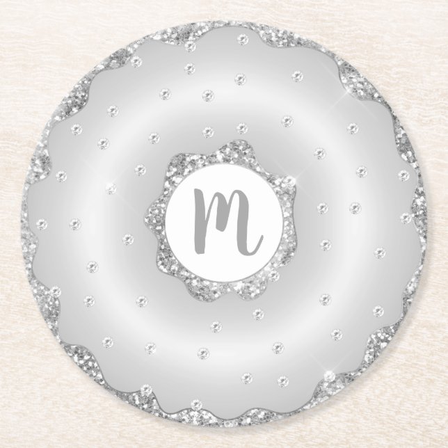 Dessous-de-verre Rond En Papier Monogramme argent parties scintillant beignet chic (Devant)