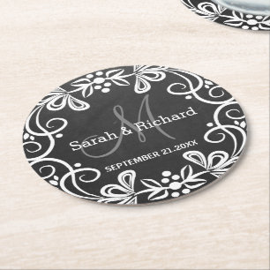 Dessous-de-verre Rond En Papier Monogramme blanc noir élégant de mariage de