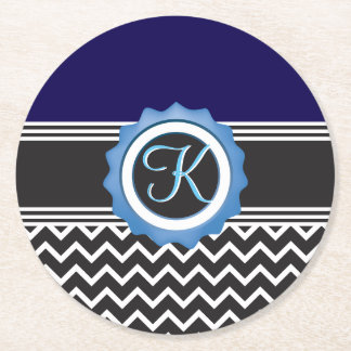 Dessous-de-verre Rond En Papier Monogramme bleu noir Chevron