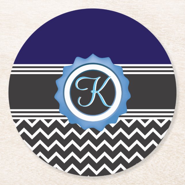 Dessous-de-verre Rond En Papier Monogramme bleu noir Chevron (Devant)