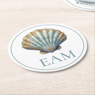 Dessous-de-verre Rond En Papier Monogramme Coquille Saint-Jacques Bleu Côtiers