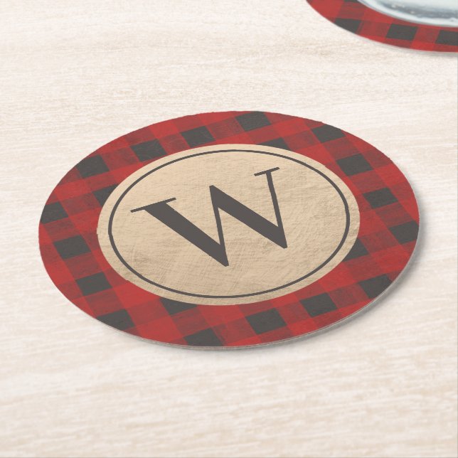 Dessous-de-verre Rond En Papier Monogramme de Buffalo Rouge (Incliné)