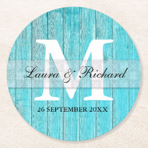 Dessous-de-verre Rond En Papier Monogramme de Mariage campagnard en bois turquoise