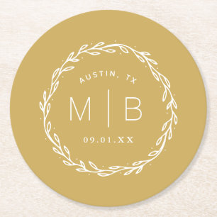 Dessous-de-verre Rond En Papier Monogramme de Mariage de couronne rustique   Jaune