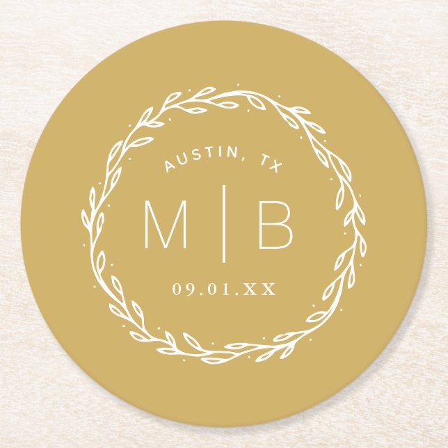 Dessous-de-verre Rond En Papier Monogramme de Mariage de couronne rustique | Jaune (Devant)