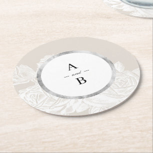 Dessous-de-verre Rond En Papier Monogramme de mariage floral vintage rose neutre d
