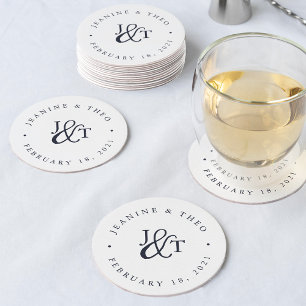 Dessous-de-verre Rond En Papier Monogramme de marine et de Mariage blanc