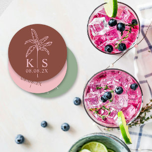 Dessous-de-verre Rond En Papier Monogramme de palmier personnalisé Enregistrer le 